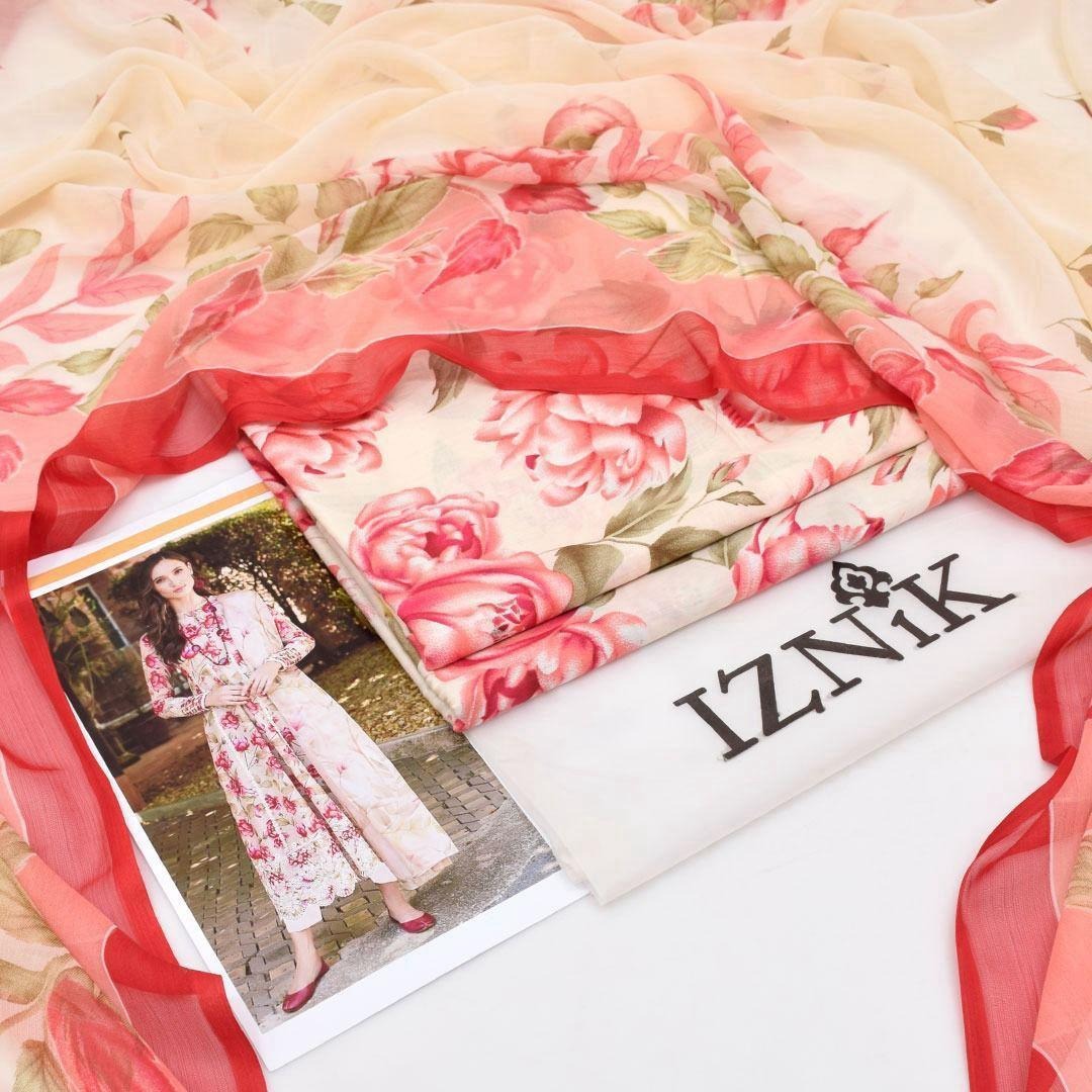 3-Piece Printed Lawn Suit Pink Chiffon Dupatta