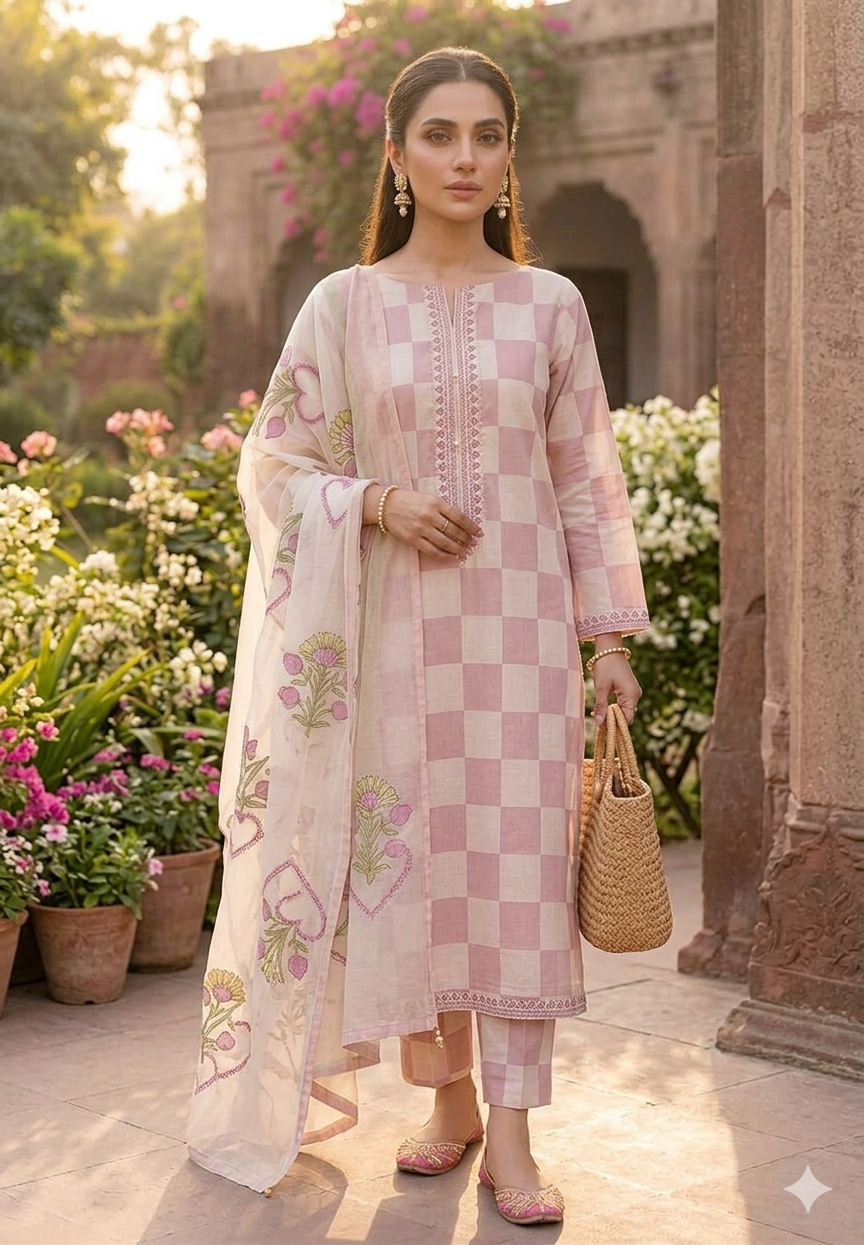 Elegant Pink 3-Piece Summer Lawn Ensemble