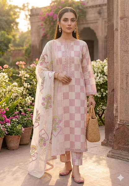 Elegant Pink 3-Piece Summer Lawn Ensemble