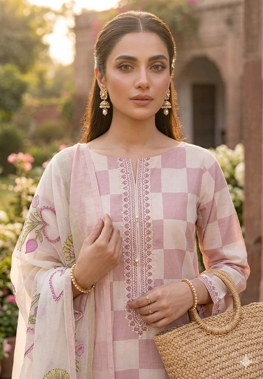 Elegant Pink 3-Piece Summer Lawn Ensemble