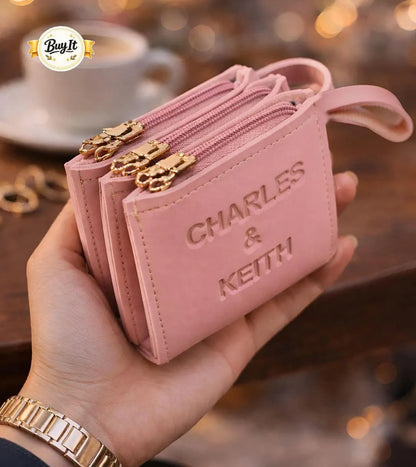 Charles & Keith Pink Leather Wallet 3 Pockets 4x5 Inch