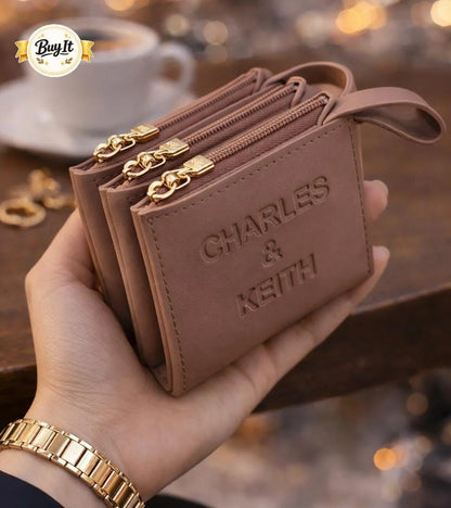Charles & Keith Pink Leather Wallet 3 Pockets 4x5 Inch