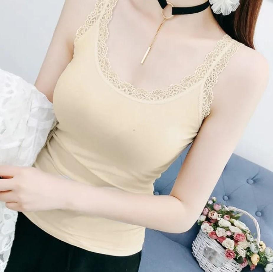 Sophisticated Lace-Trim Beige Camisole: Summer Elegance