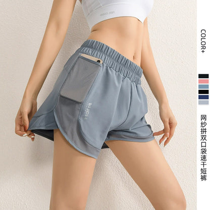 Women High Waist Mesh Running Shorts Quick Dry Double Pocket