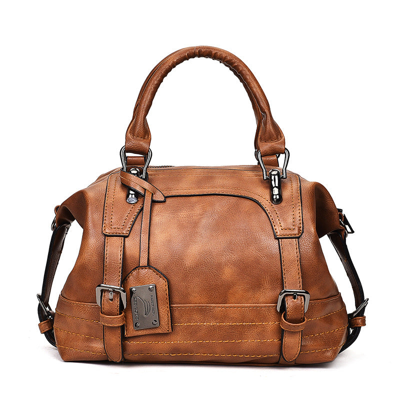 Retro Waxed Leather Boston Handbag: Timeless Elegance
