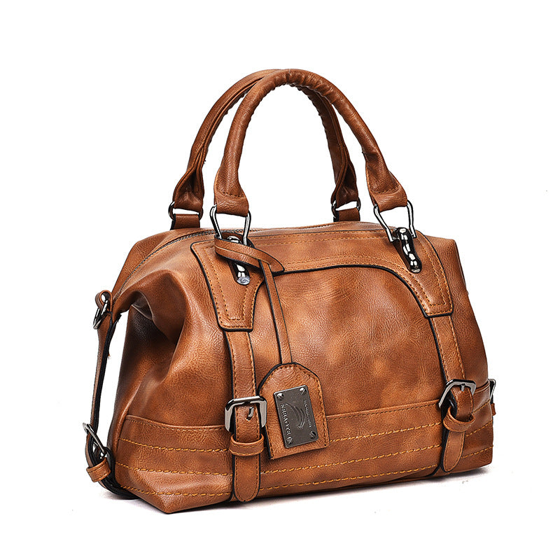 Retro Waxed Leather Boston Handbag: Timeless Elegance