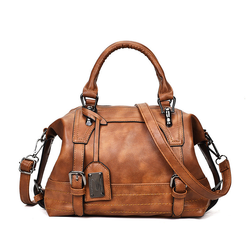Retro Waxed Leather Boston Handbag: Timeless Elegance